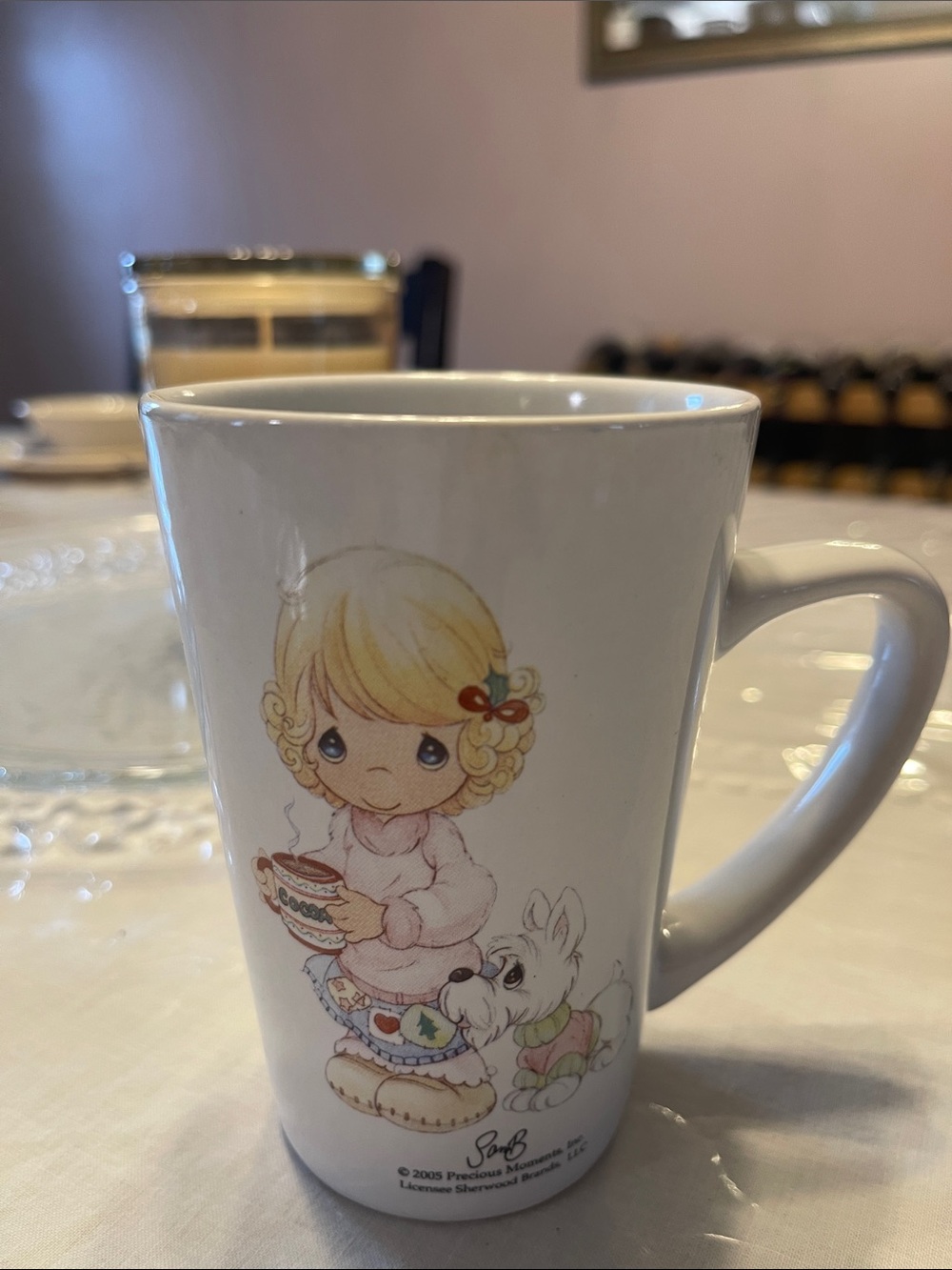 Precious Moments White Mug with Blonde Girl and Puppy Illustration
